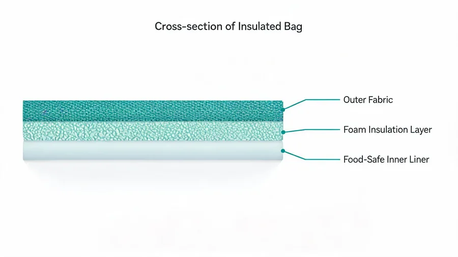 Cross-section diagram showing layers of an insulated bag: outer fabric, foam insulation, and inner liner
