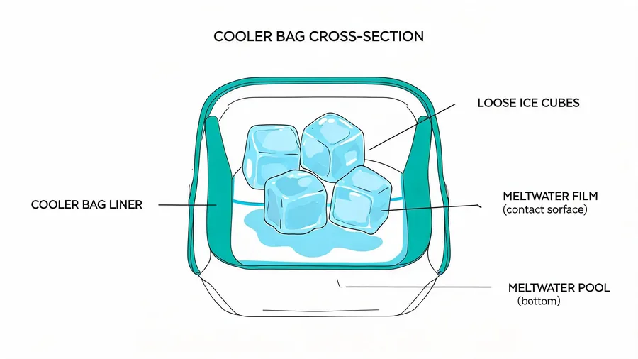Cross-section diagram of ice cubes contacting cooler bag liner with meltwater film
