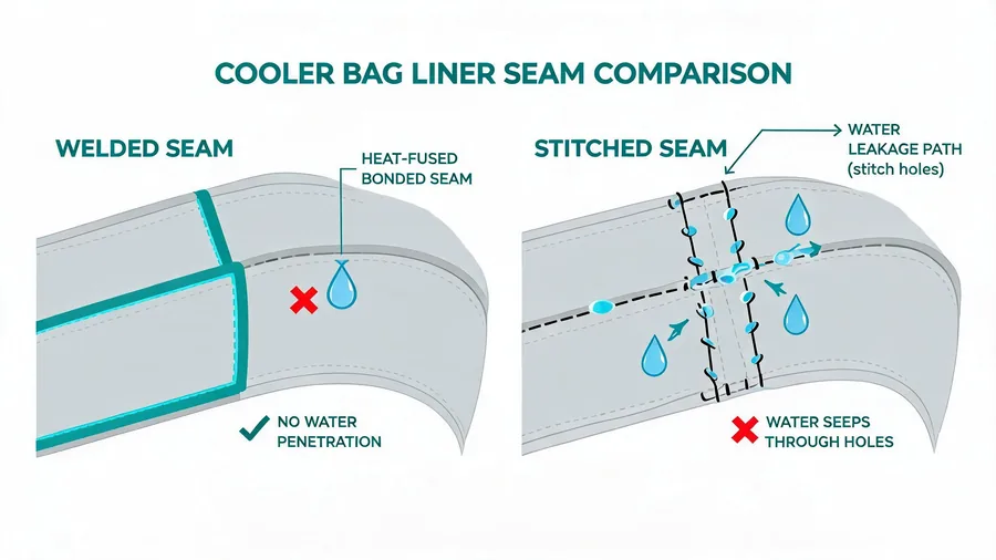 Diagram comparing welded and stitched cooler bag liner seams for water resistance