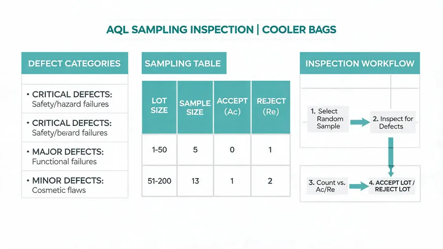AQL sampling and defect classification diagram for cooler bags