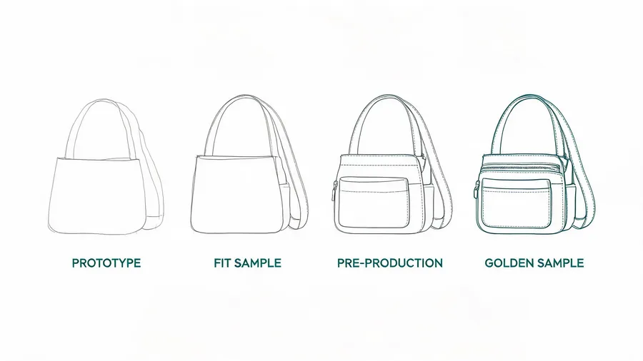 Diagram comparing prototype, fit, pre-production and golden sample stages for custom insulated delivery bags