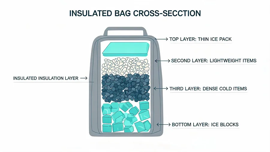 Cross-section diagram of strategic layering inside an insulated cooler bag