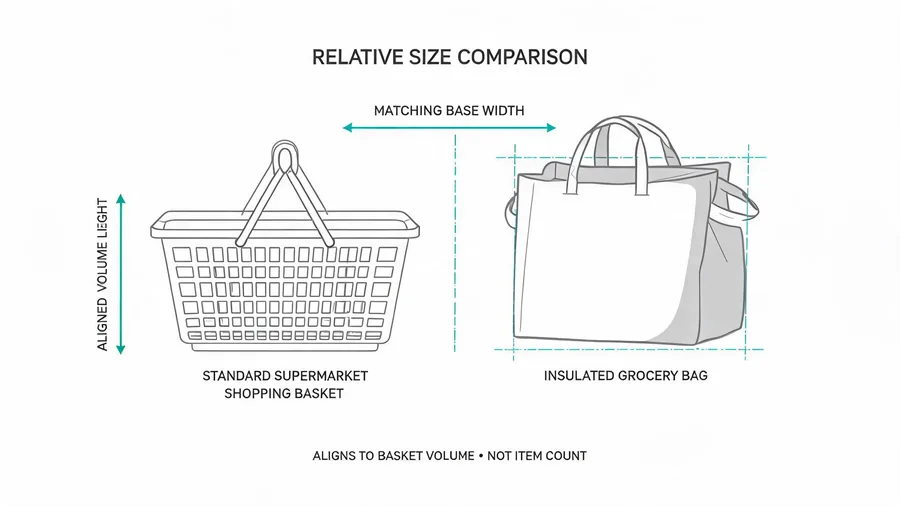 Diagram comparing insulated grocery bag size to supermarket basket dimensions