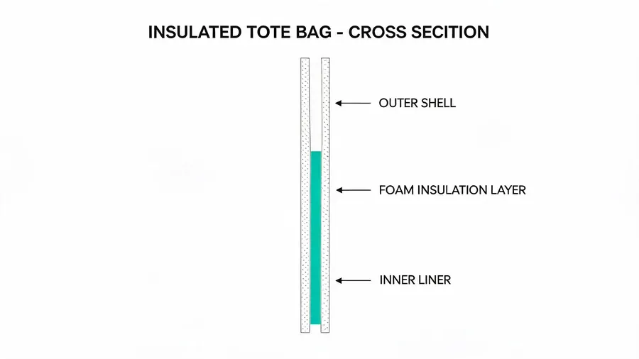 Cross-section diagram showing layers of an insulated tote bag