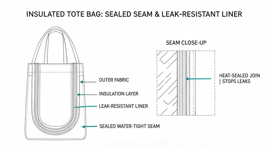 Diagram of seam sealing and leak-resistant liner in insulated tote bag