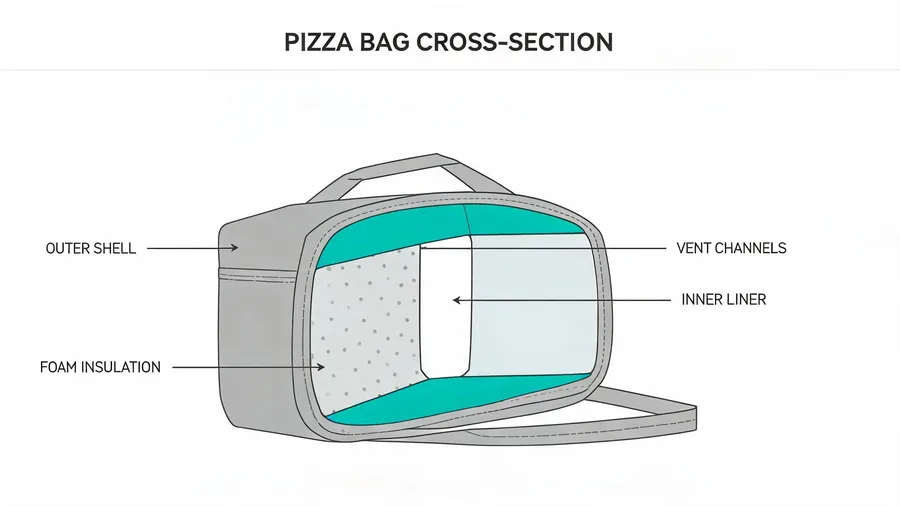 Diagram of pizza delivery bag insulation and venting layers