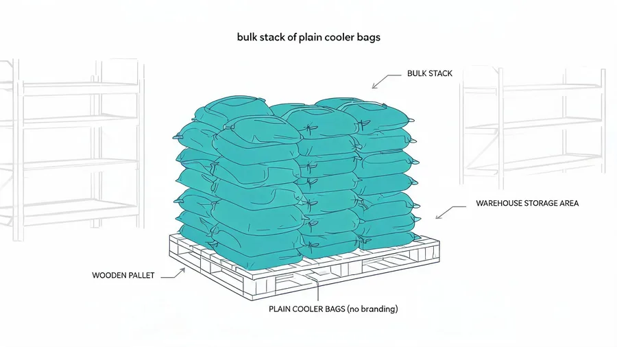 Bulk stack of plain cooler bags in a