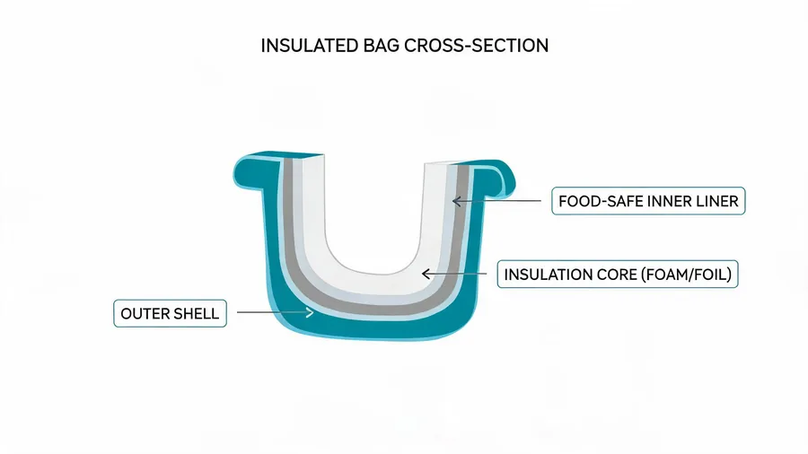 Layer stack diagram of an insulated bag showing outer shell, insulation core, and inner liner