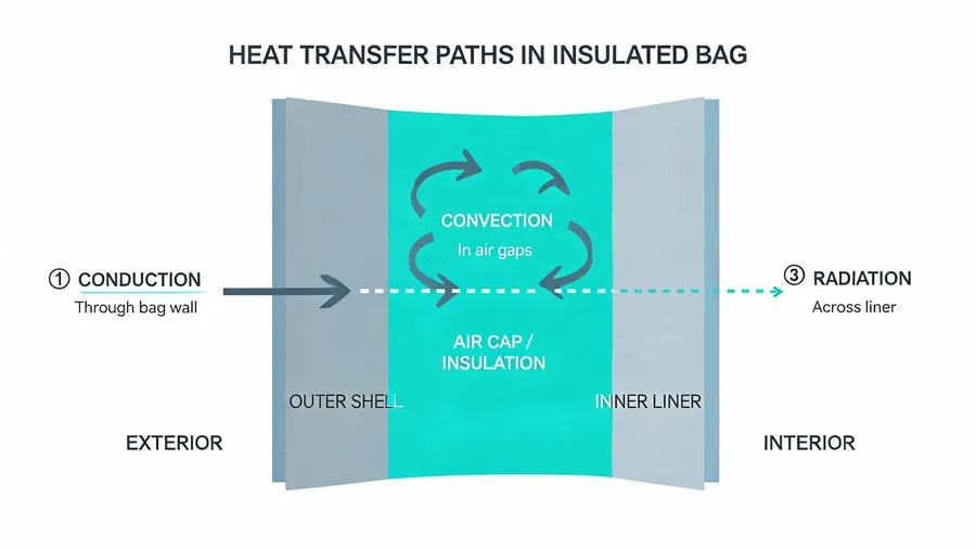 Diagram of conduction, convection, and radiation heat paths acting on an insulated bag