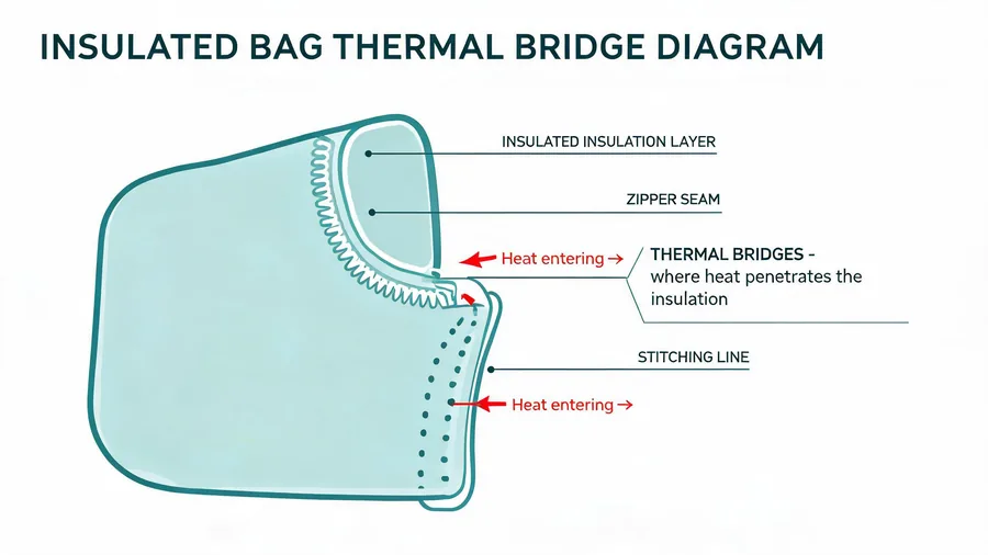 Thermal bridge diagram showing heat entering through zipper seam and stitching of an insulated bag