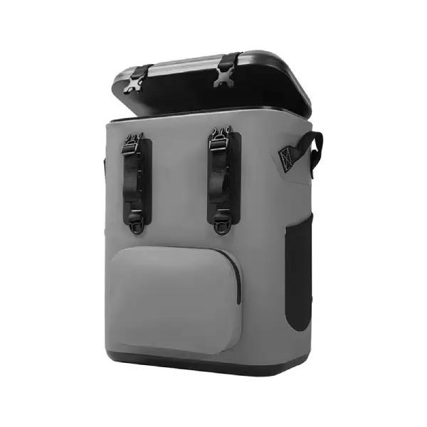 Soft-sided insulated cooler backpack in gray